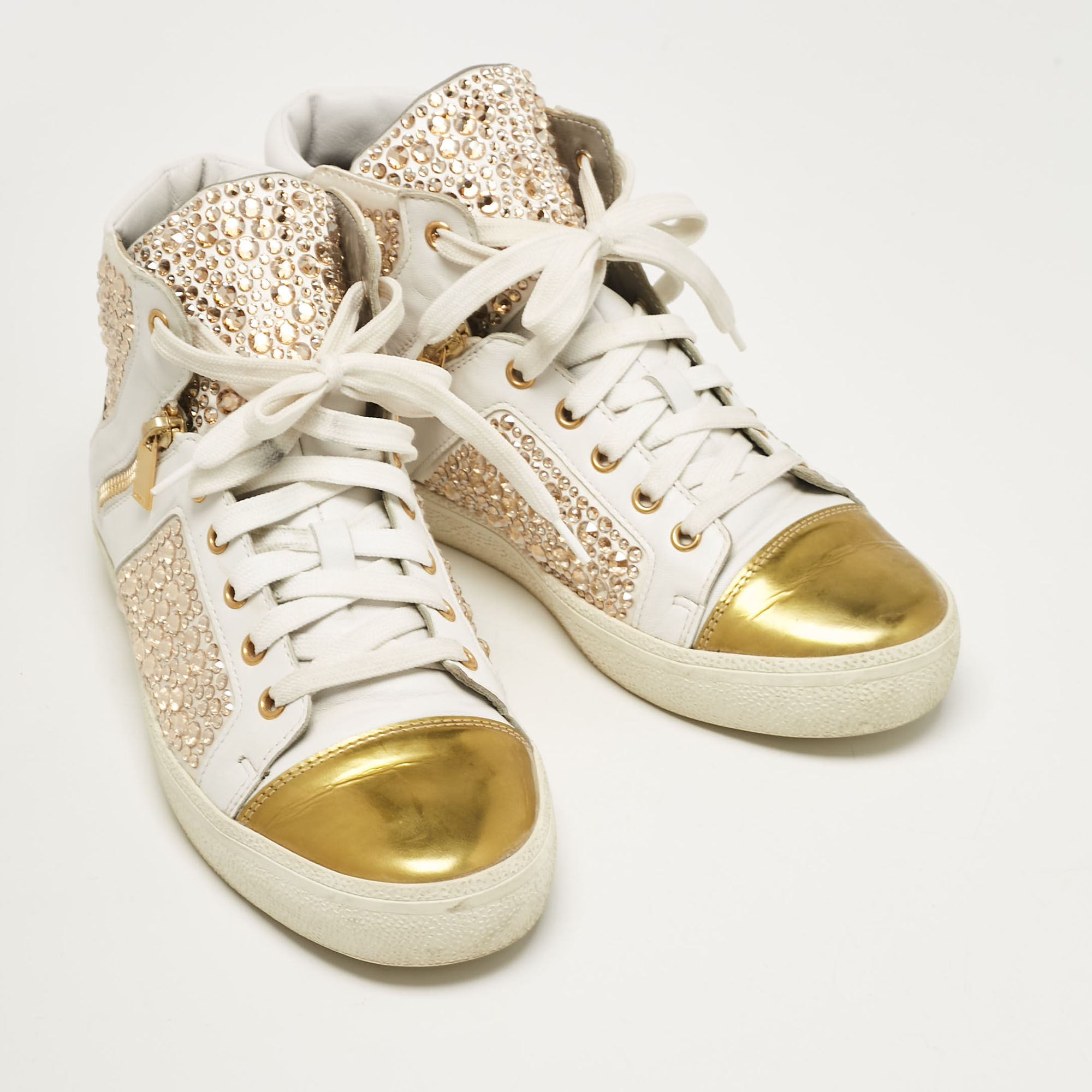 Gina White/Gold Leather Crystal Embellished High Top Sneakers Size 39