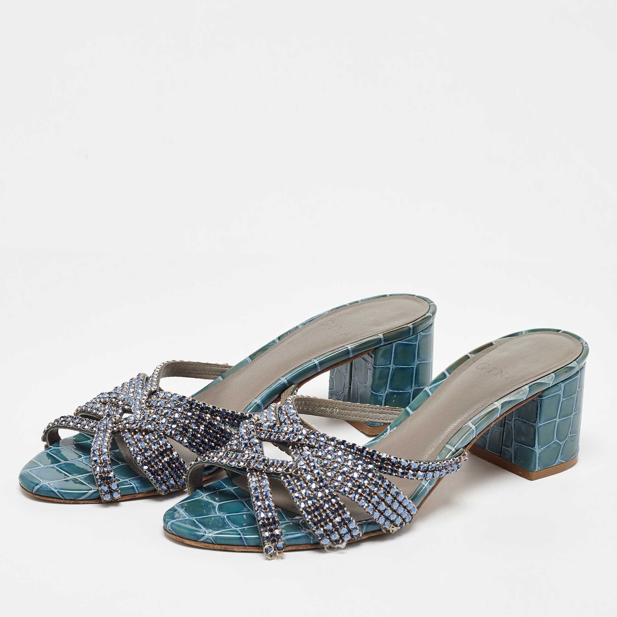 Gina Blue Leather Crystal Embellished Slide Sandals Size 40