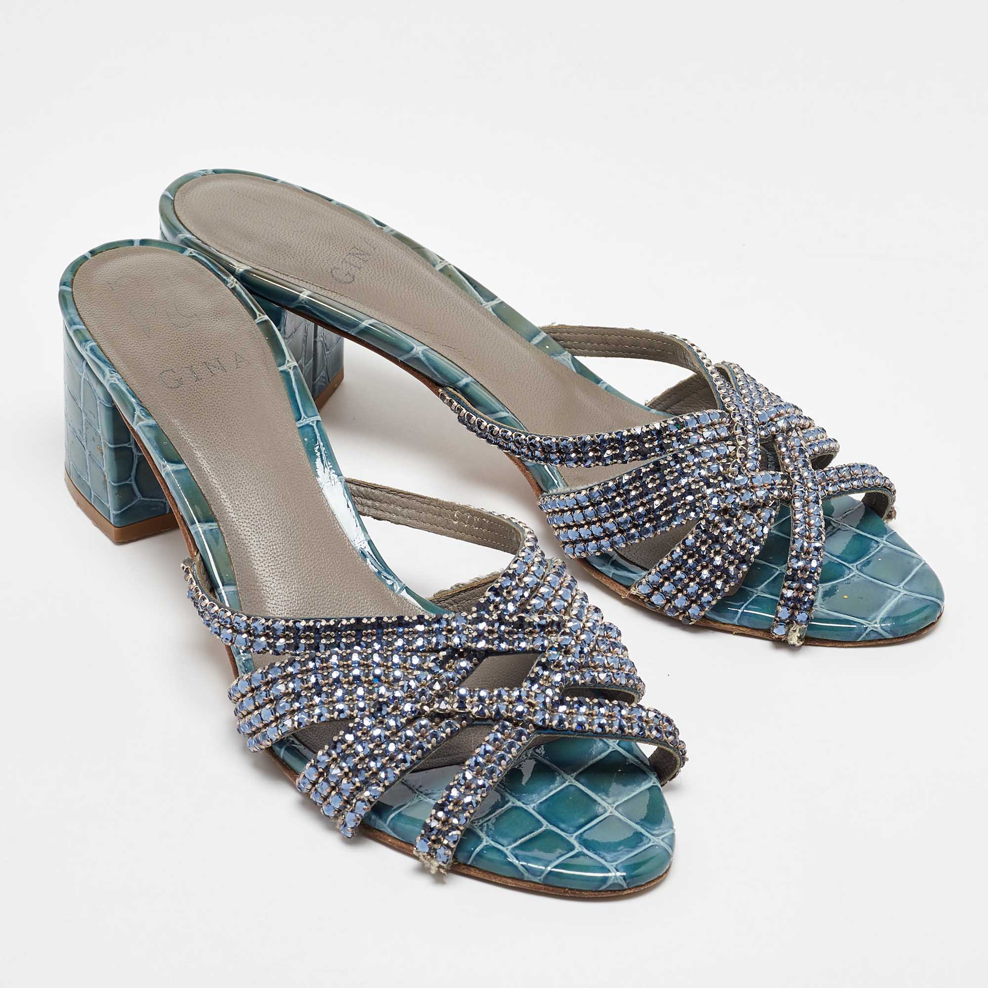 Gina Blue Leather Crystal Embellished Slide Sandals Size 40