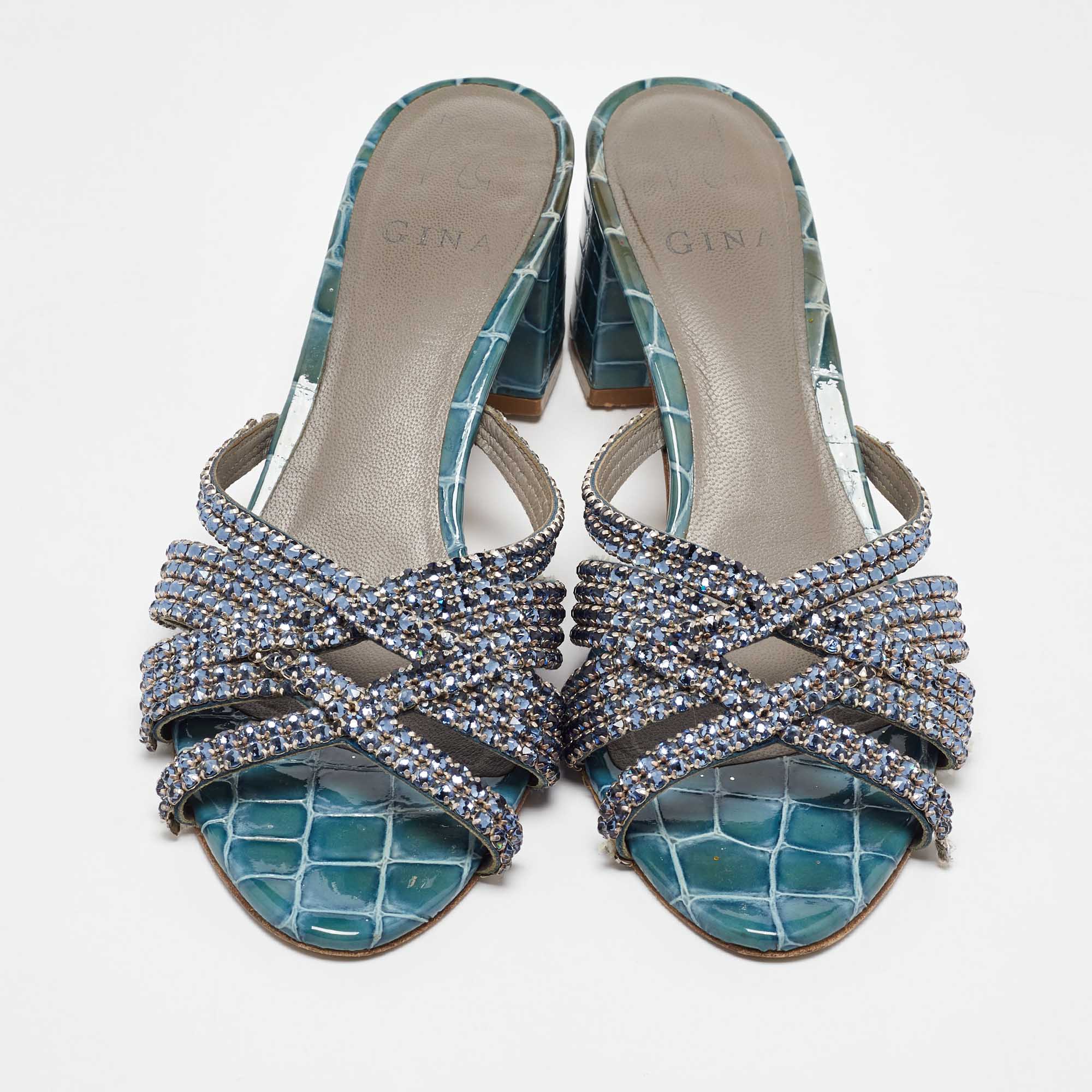 Gina Blue Leather Crystal Embellished Slide Sandals Size 40