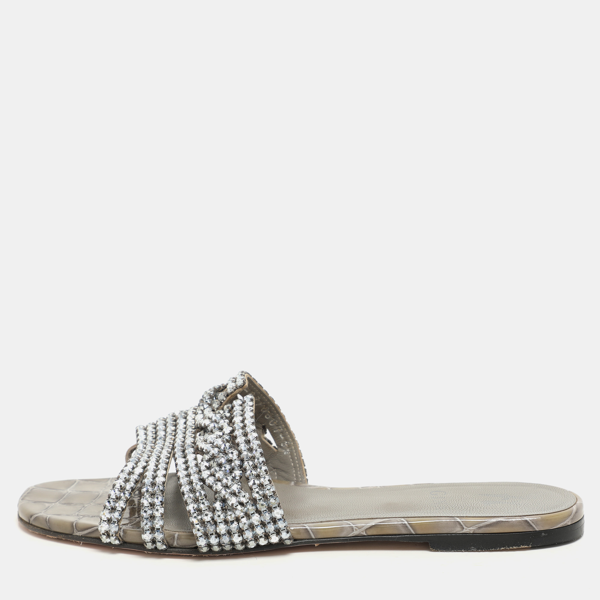 Gina Green Croc Embossed Crystal Embellished Thong Flat Slides Size 38.5
Gina Green Croc Embossed Crystal Embellished Thong Flat Slides Size 38.5