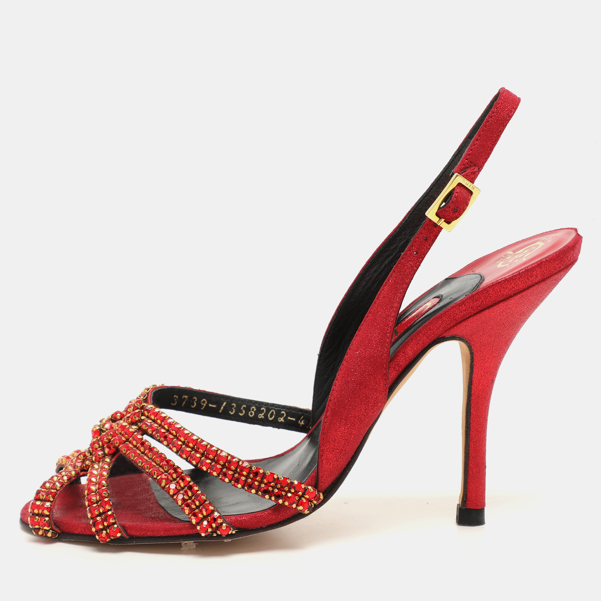Gina Red Glitter Leather Crystal Embellished Slingback Sandals Size 37.5
Gina Red Glitter Leather Crystal Embellished Slingback Sandals Size 37.5