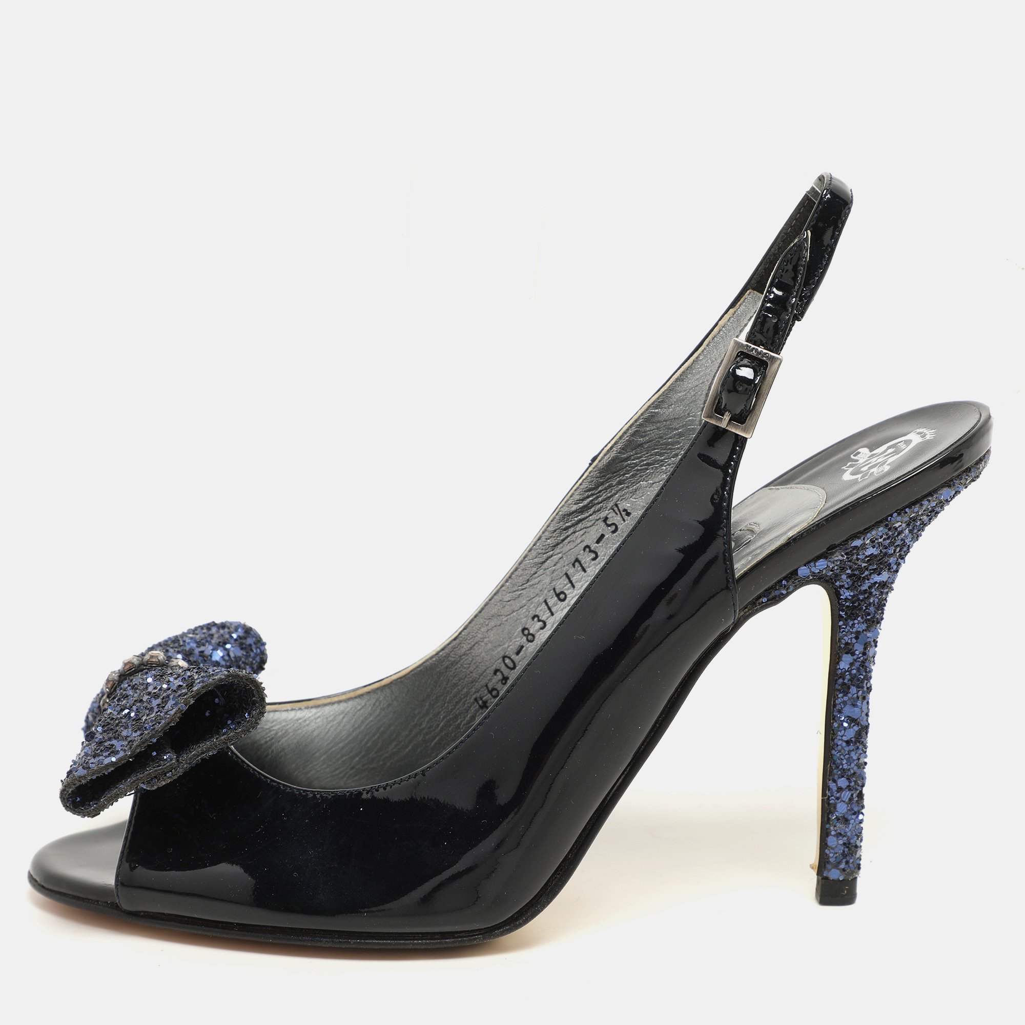 Gina Blue Patent Leather and Glitter Bow Embellished Peep Toe Slingback Pumps Size 38.5
Gina Blue Patent Leather and Glitter Bow Embellished Peep Toe Slingback Pumps Size 38.5