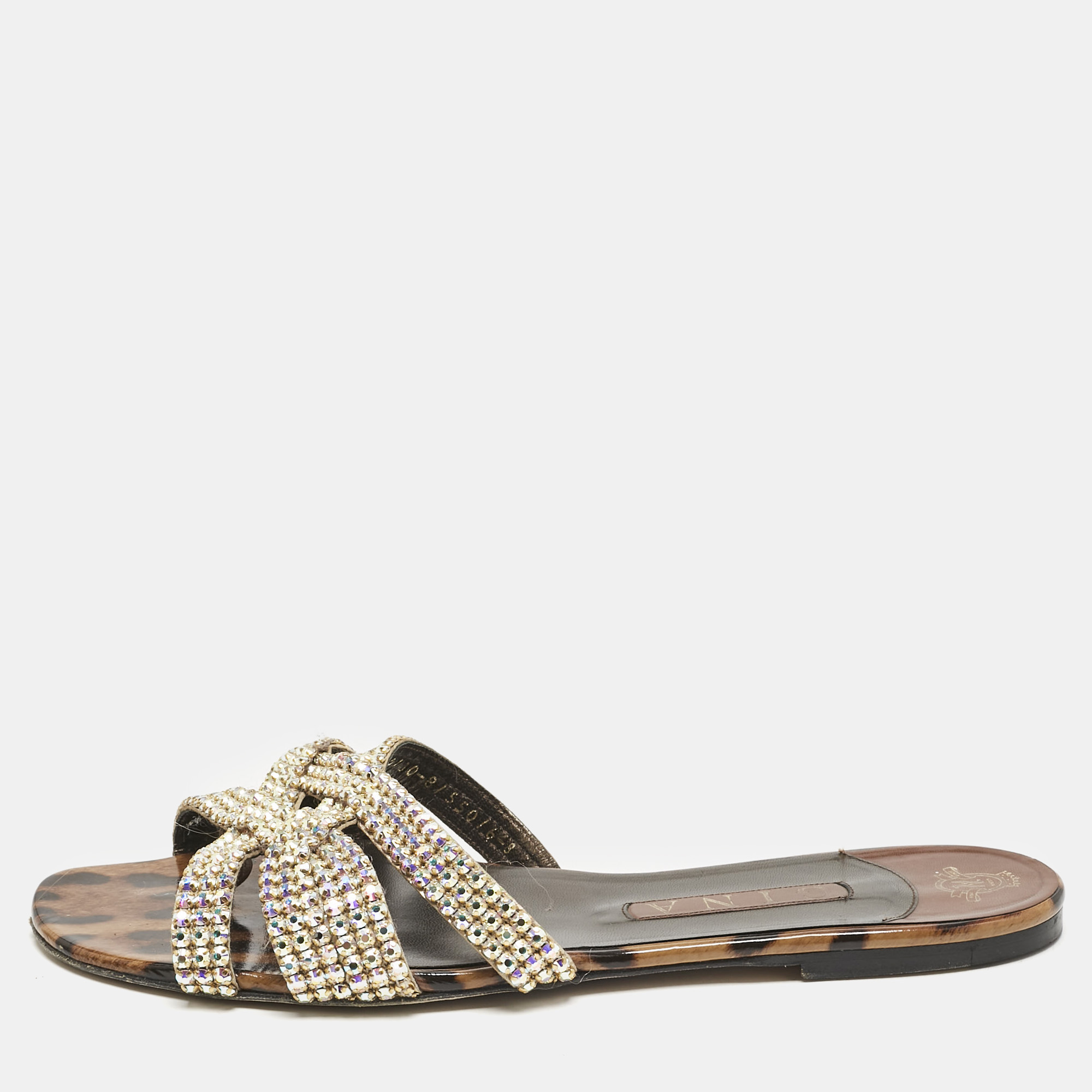 Gina Brown Leopard Print Patent Leather Crystal Embellished Flat Slides Size 41
Gina Brown Leopard Print Patent Leather Crystal Embellished Flat Slides Size 41