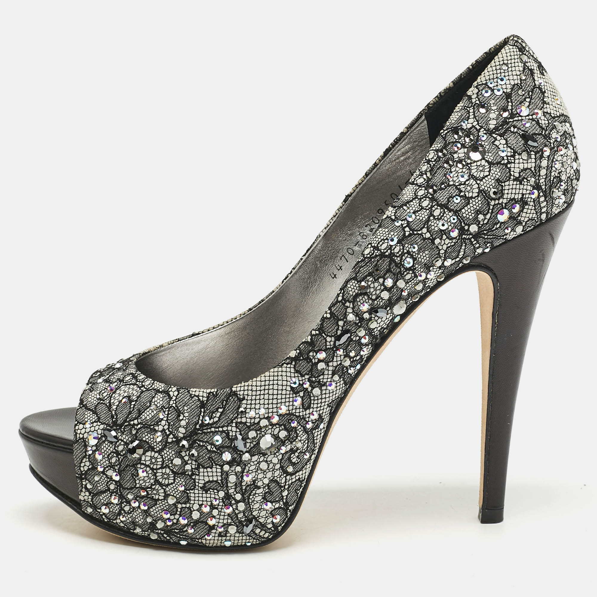 Gina Grey/Black Lace Crystal Embellished Open Toe Platform Pumps Size 39
Gina Grey/Black Lace Crystal Embellished Open Toe Platform Pumps Size 39