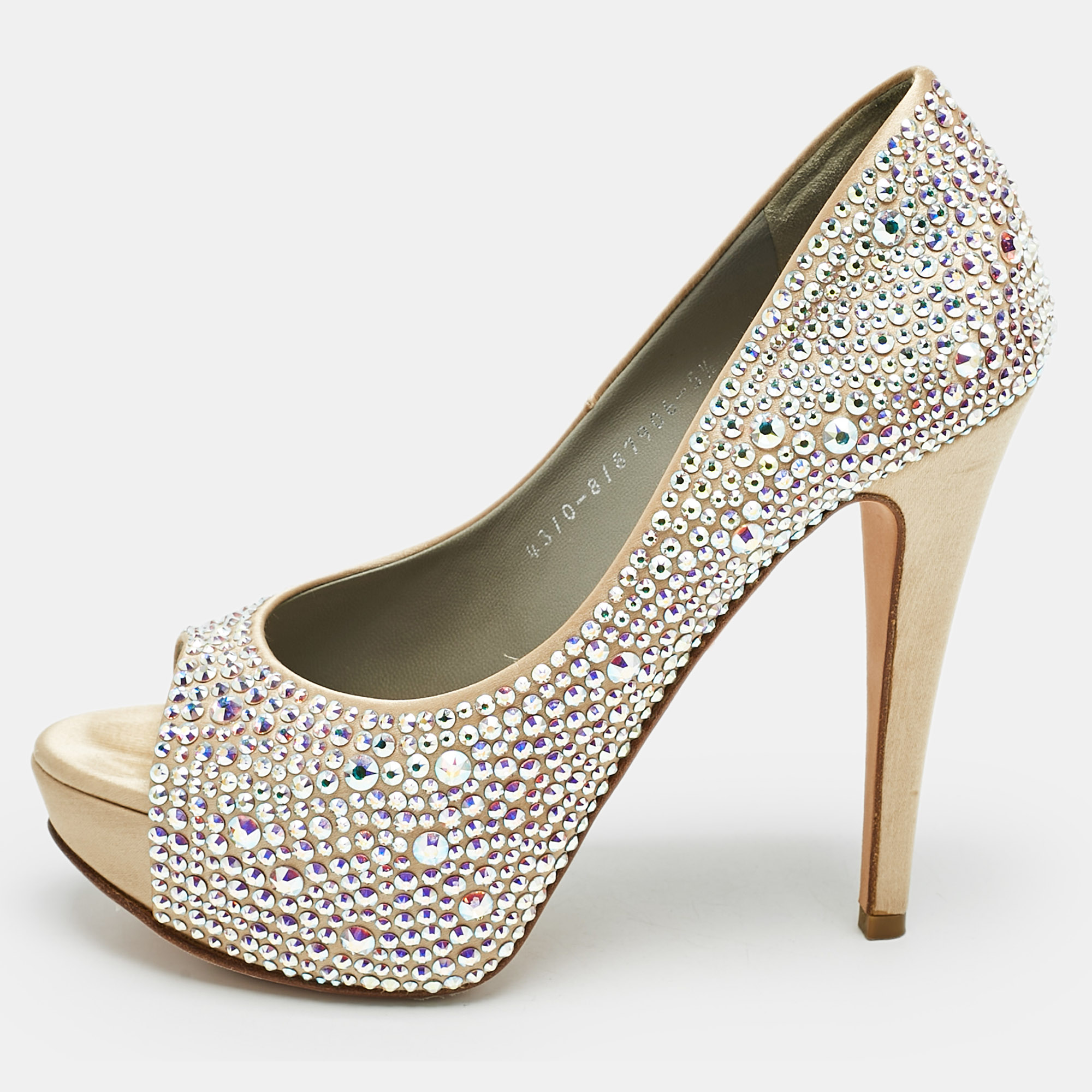 Gina Beige Satin Crystal Embellished Open Toe Platform Pumps Size 38.5, Gold
Gina Beige Satin Crystal Embellished Open Toe Platform Pumps Size 38.5, Gold