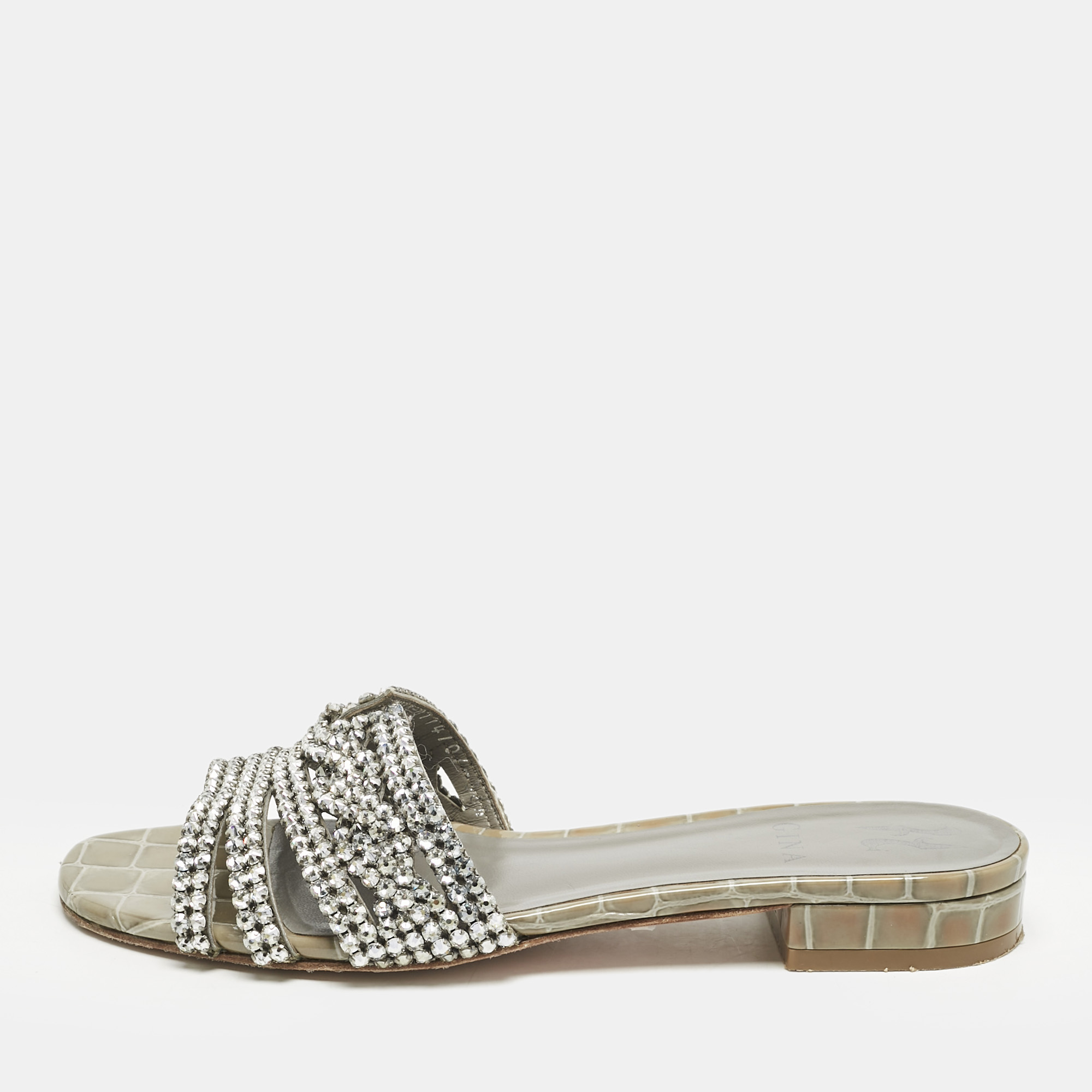 Gina Grey Croc Embossed Patent Leather Crystal Embellished Flat Slide Sandals Size
Gina Grey Croc Embossed Patent Leather Crystal Embellished Flat Slide Sandals Size