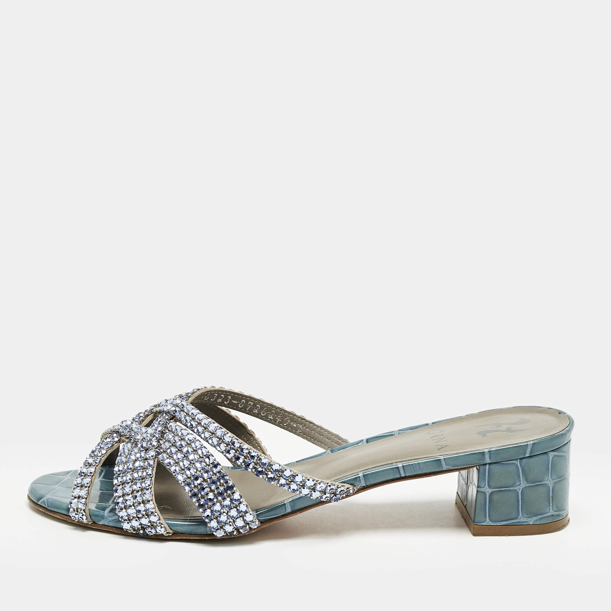Gina Blue Croc Embossed Patent Leather Crystal Embellished Slide Sandals Size 39
Gina Blue Croc Embossed Patent Leather Crystal Embellished Slide Sandals Size 39