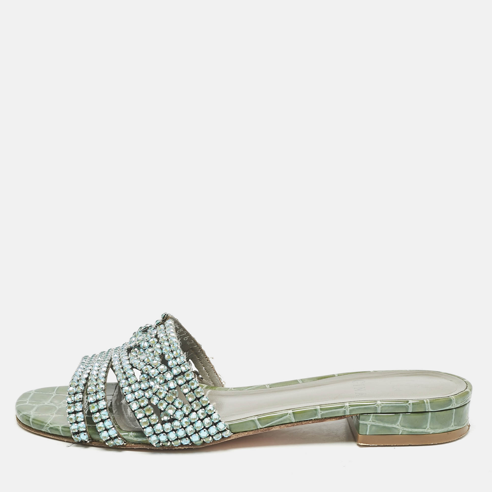Gina Green/Silver Croc Embossed Patent Leather Loren Slide Sandals Size
Gina Green/Silver Croc Embossed Patent Leather Loren Slide Sandals Size