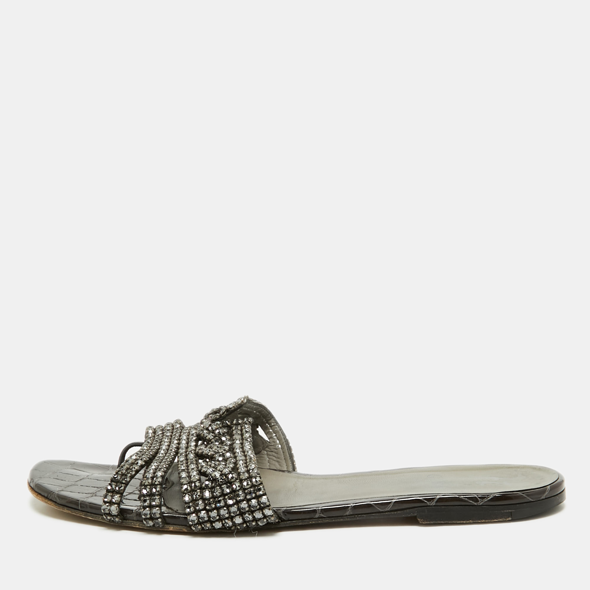 Gina Black Croc Embossed Patent Crystal Embellished Flat Slide Sandals Size 41
Gina Black Croc Embossed Patent Crystal Embellished Flat Slide Sandals Size 41