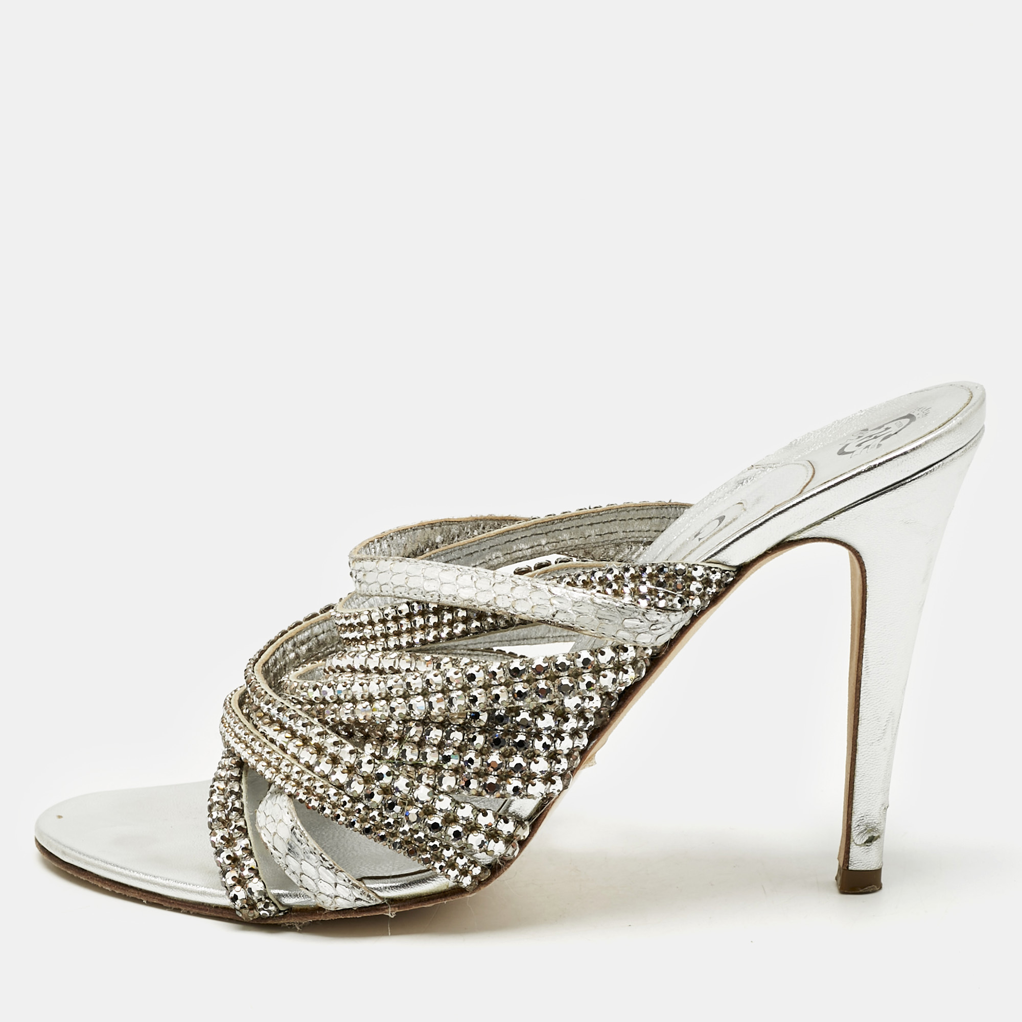 Gina Silver Leather and Snakeskin Embossed Crystal Embellished Slide Sandals Size 39.5
Gina Silver Leather and Snakeskin Embossed Crystal Embellished Slide Sandals Size 39.5