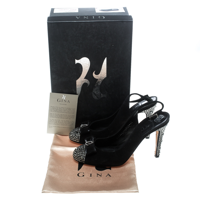 Gina Black Suede Crystal Embellished Cap Toe Slingback Sandals Size 37.5