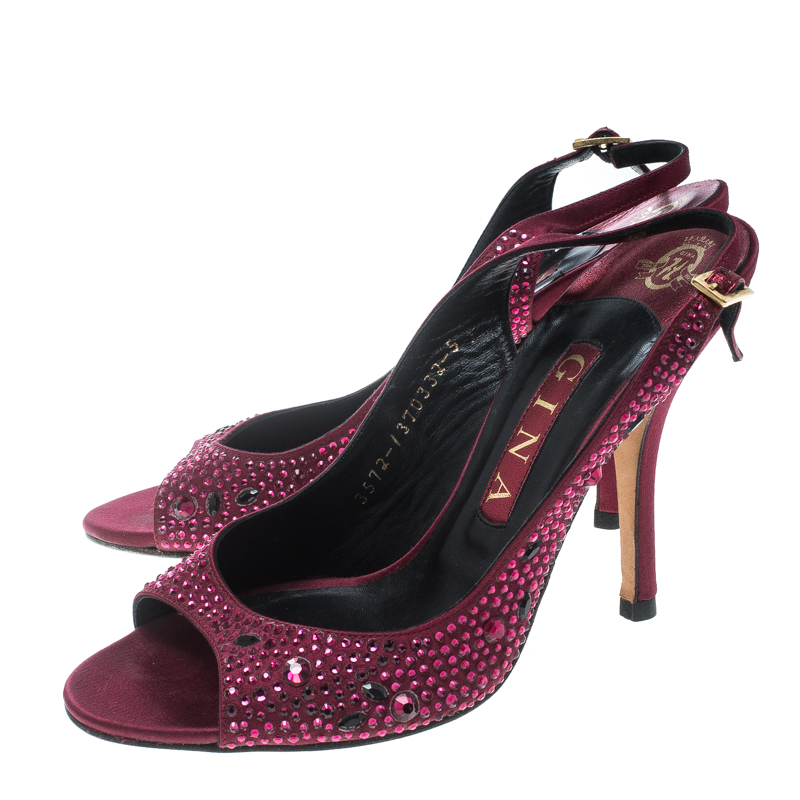 Gina Red Satin Crystal Embellished Peep Toe Slingback Sandals Size 38