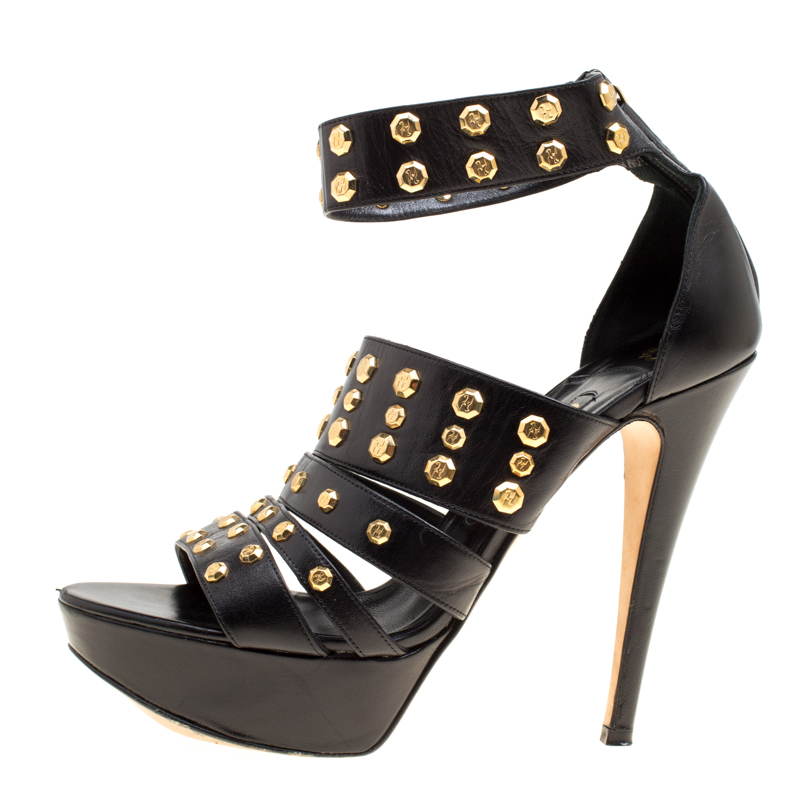 Gina Black Leather Studded Ankle Strap Platform Sandals Size 39.5