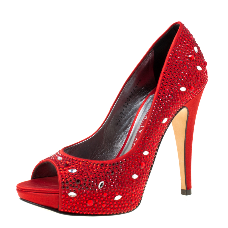 Gina red satin crystal embellished peep toe platform pumps size 37