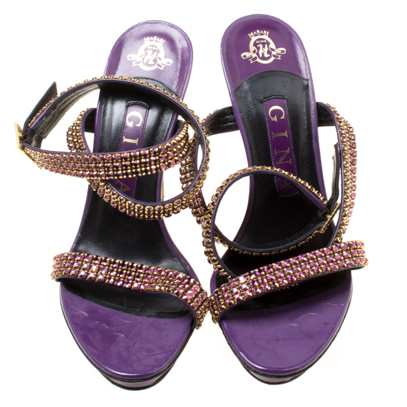 Gina Purple Crystal Embellished Leather Cross Ankle Strap Sandals Size 37