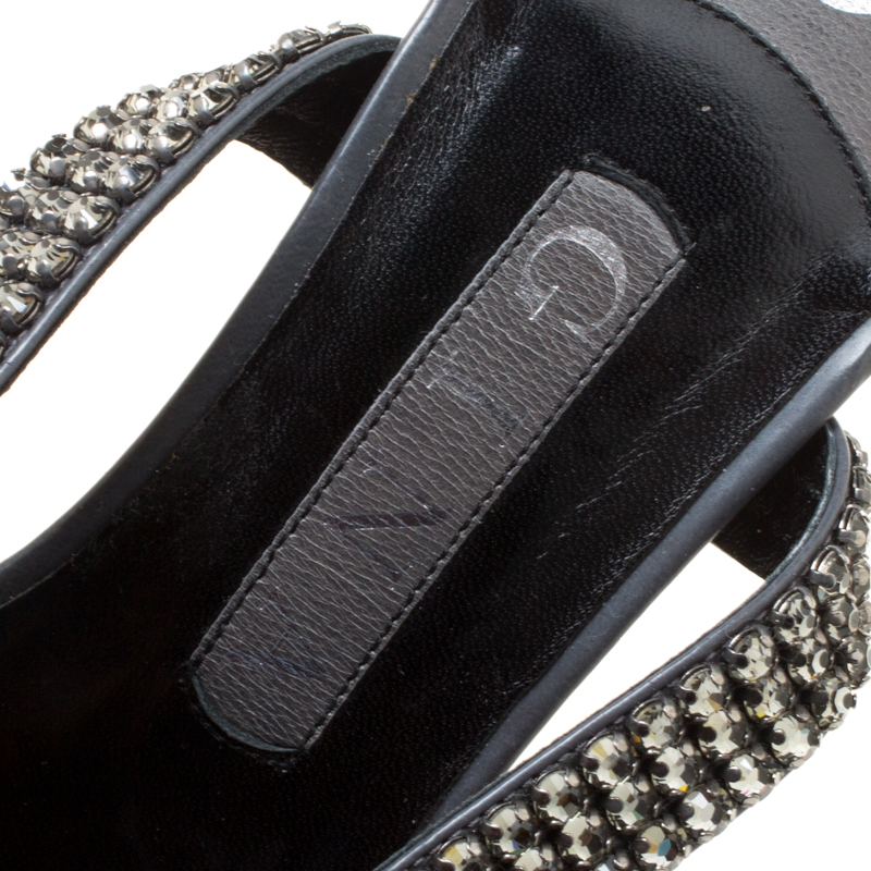 Gina Dark Grey Crystal Embellished Leather Cross Ankle Strap Sandals Size 37