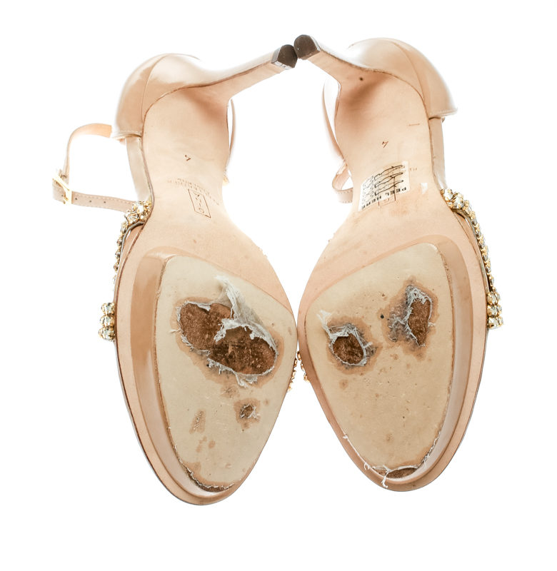 Gina Beige Leather Crystal Embellished Ankle Strap Platform Sandals Size 37