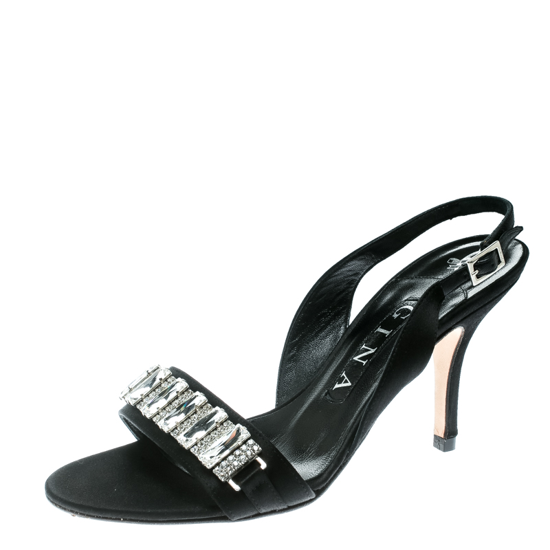 Gina black satin crystal embellished slingback sandals size 37