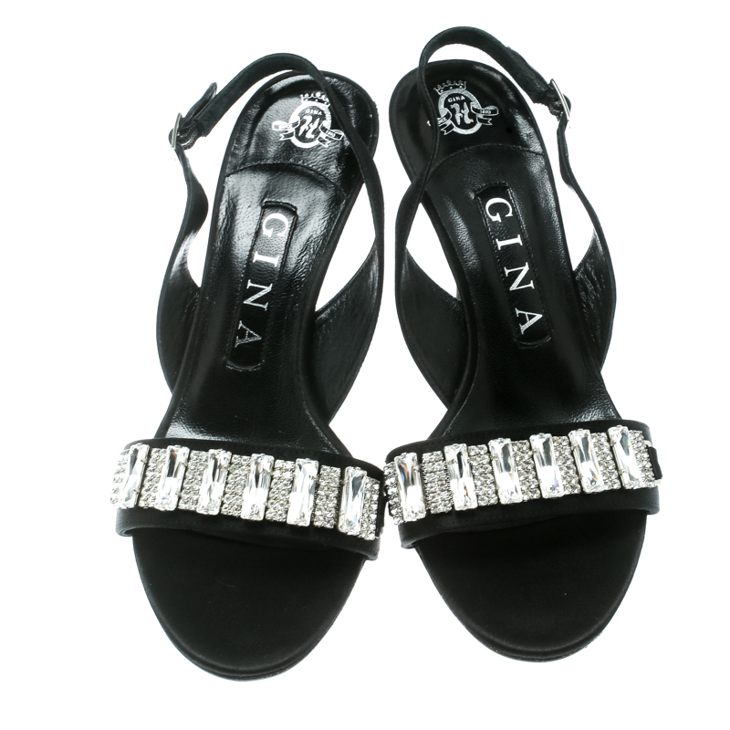 Gina Black Satin Crystal Embellished Slingback Sandals Size 37