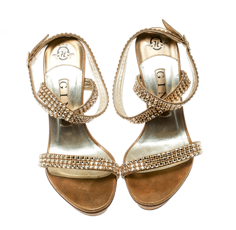 Gina Metallic Gold Suede Crystal Embellished Cross Ankle Strap Sandals Size 37