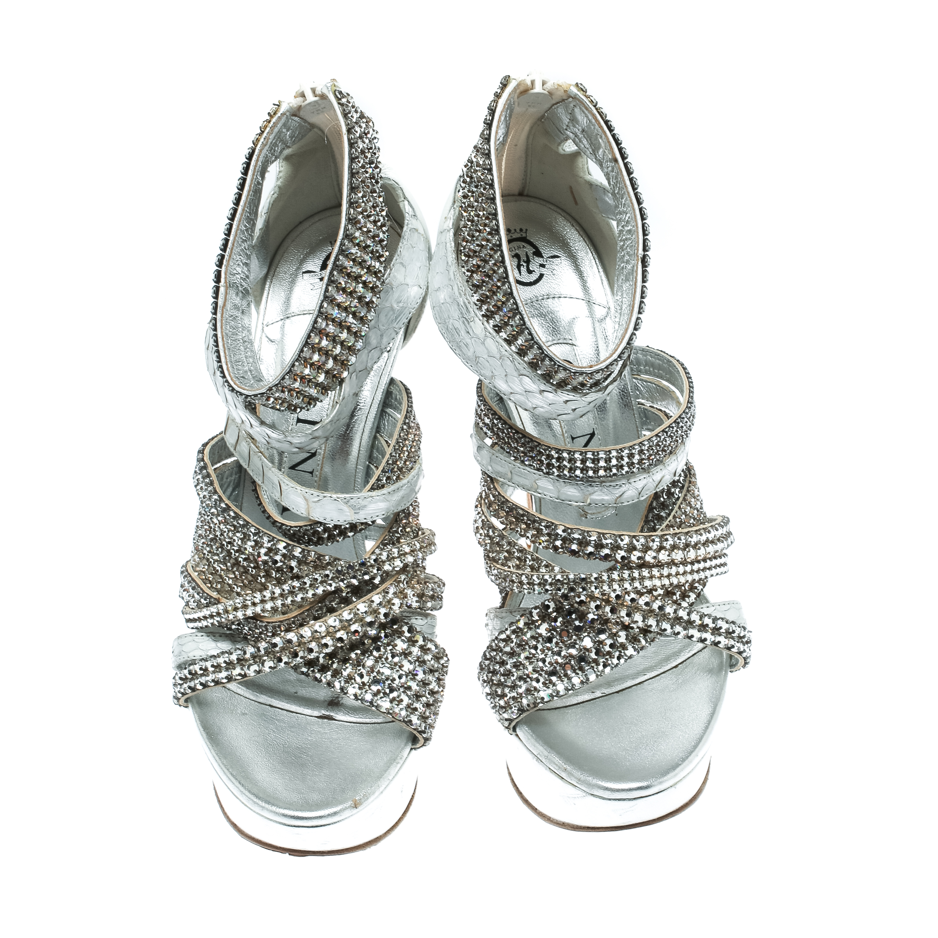 Gina Silver Crystal Embellished Leather And Python Strappy Platform Sandals Size 37