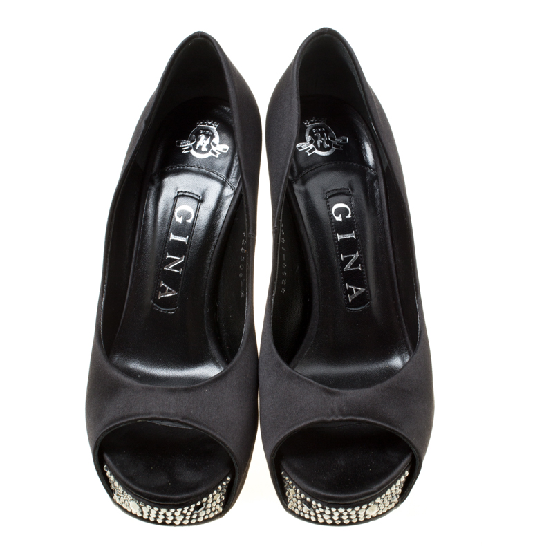 Gina Black Satin Crystal Embellished Peep Toe Platform Pumps Size 37