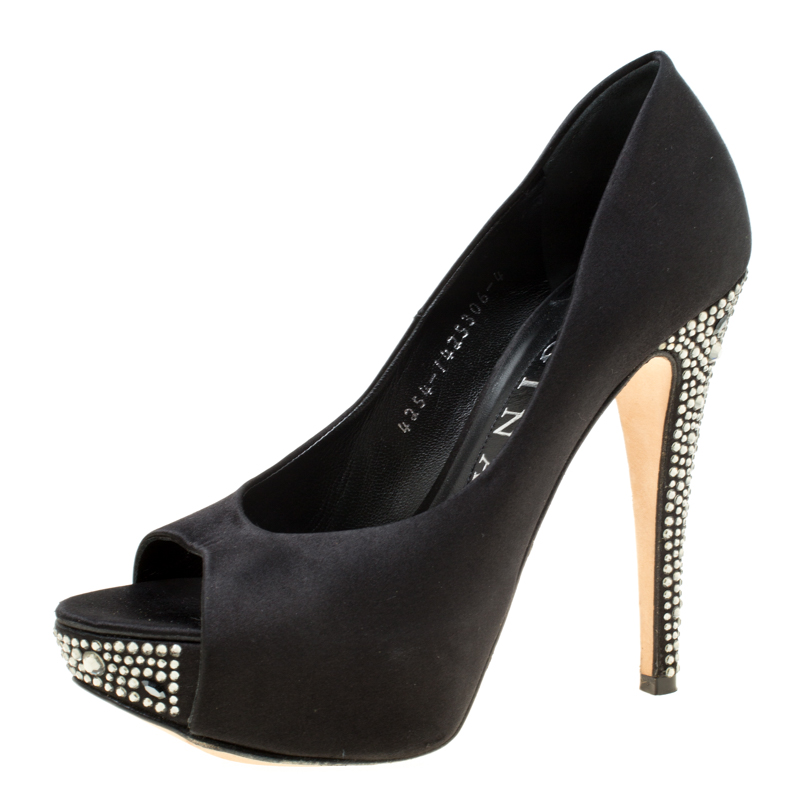 Gina black satin crystal embellished peep toe platform pumps size 37