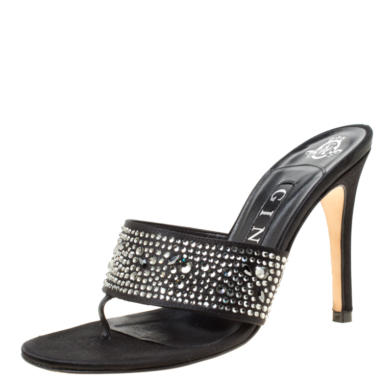 Image of Gina Black Crystal Embellished Satin Sandals Size