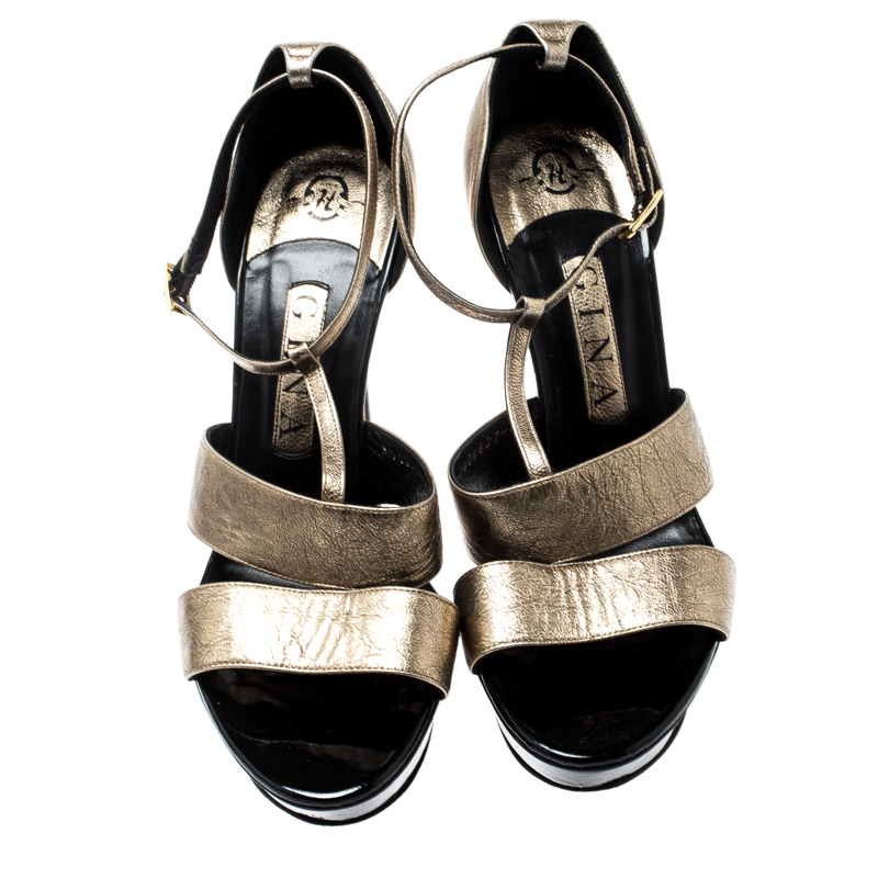 Gina Metallic Gold Leather T Strap Platform Sandals Size 39