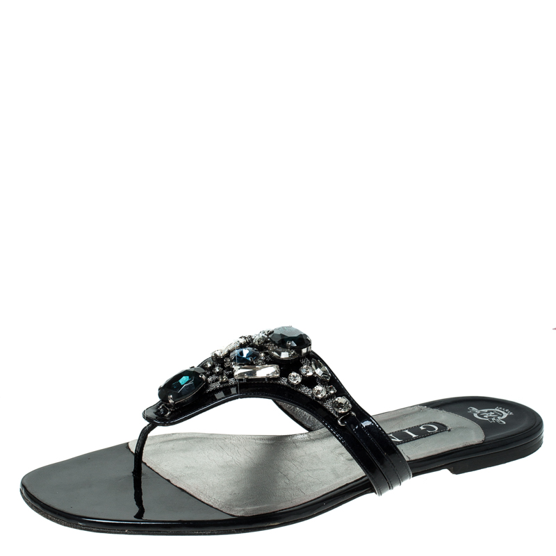 Image of Gina Black Patent Leather Embellished Thong Flat Sandals Size .