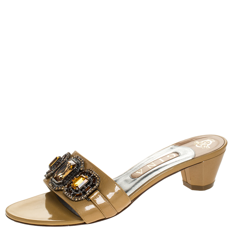 Image of Gina Beige Patent Leather Crystal Embellished Open Toe Sandals Size