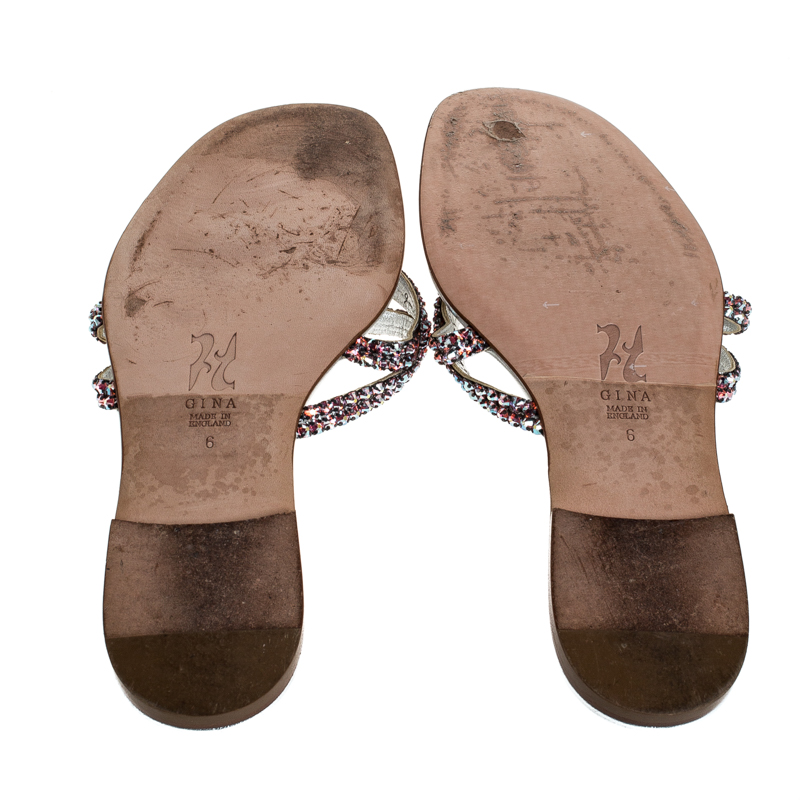 Gina Metallic Pink Crystal Embellished Leather Thong Flats Size 39