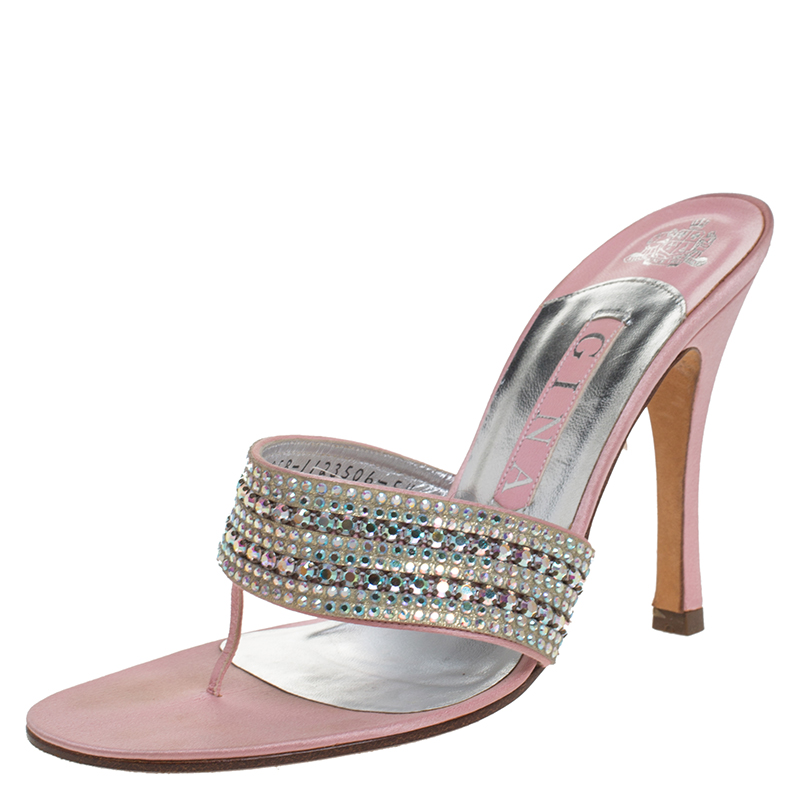 Image of Gina Pink Satin Crystal Embellished Thong Sandals Size .