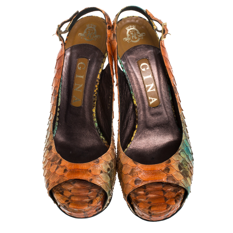 Gina Multicolor Python Leather Peep Toe Platform Slingback Sandals Size 38.5
