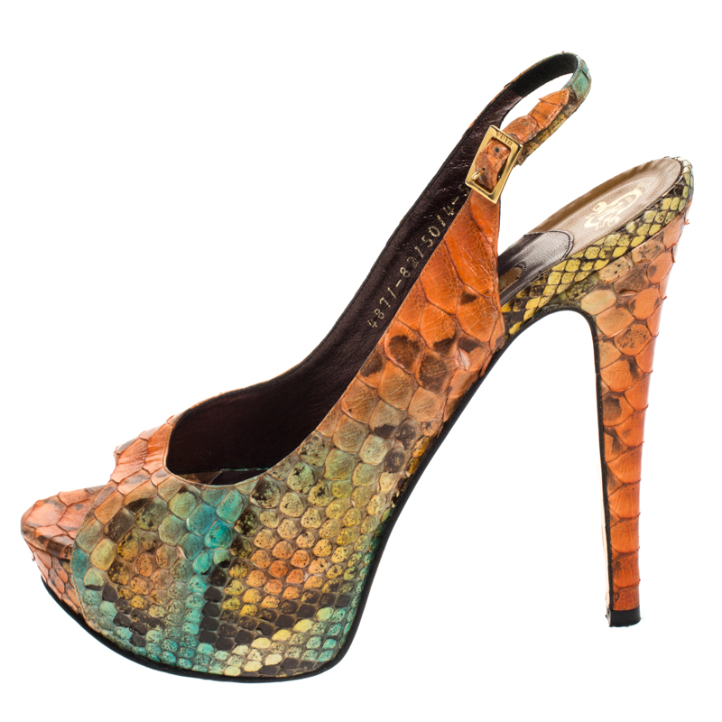 Gina Multicolor Python Leather Peep Toe Platform Slingback Sandals Size 38.5