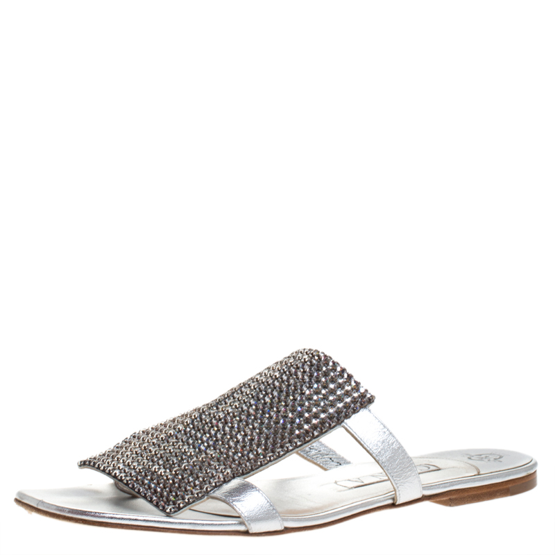 Gina Silver Crystal Embellished Leather Flat Slides Size 40