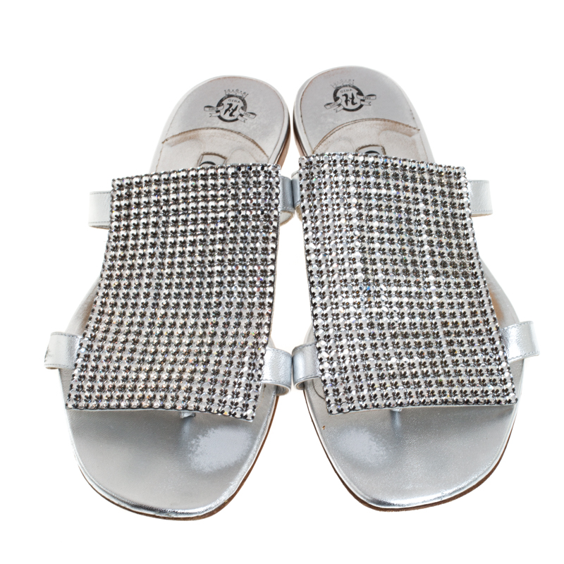 Gina Silver Crystal Embellished Leather Flat Slides Size 40