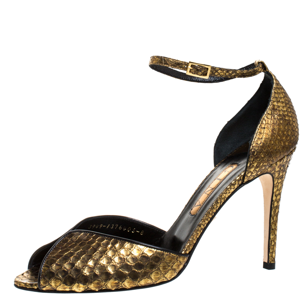 Image of Gina Gold/Black Python Peep Toe Ankle Strap Sandals Size