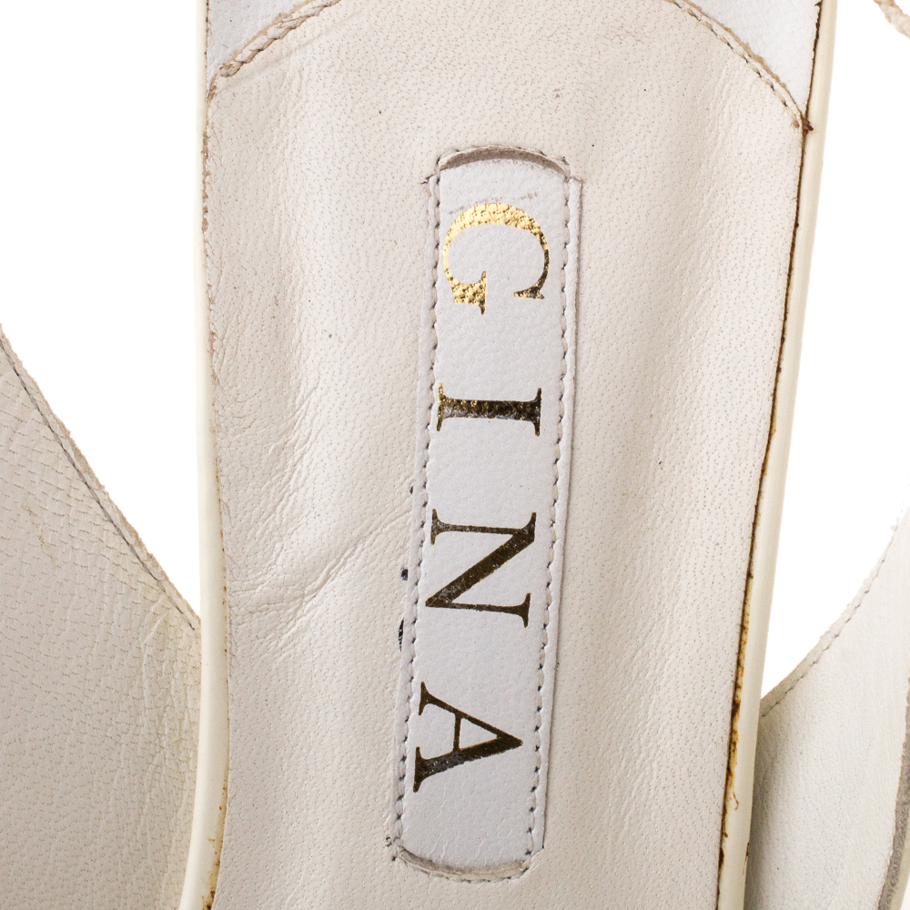 Gina White Leather Crystal Embellished Slingback Sandals Size 41