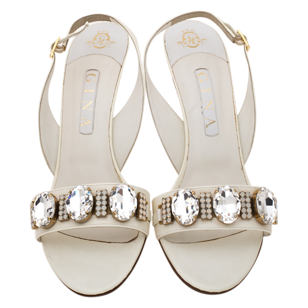 Gina White Leather Crystal Embellished Slingback Sandals Size 41