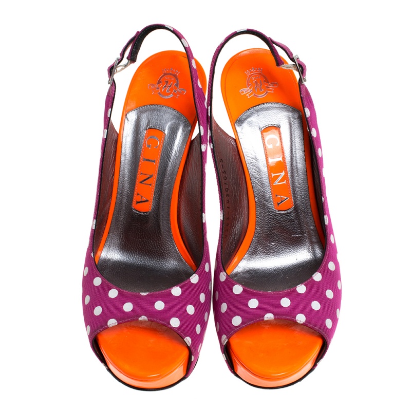 Gina Purple/Orange Polka Dot Fabric And Patent Open Toe Slingback Sandals Size 38
