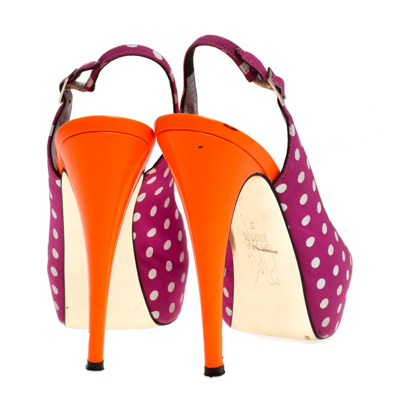 Gina Purple/Orange Polka Dot Fabric And Patent Open Toe Slingback Sandals Size 38