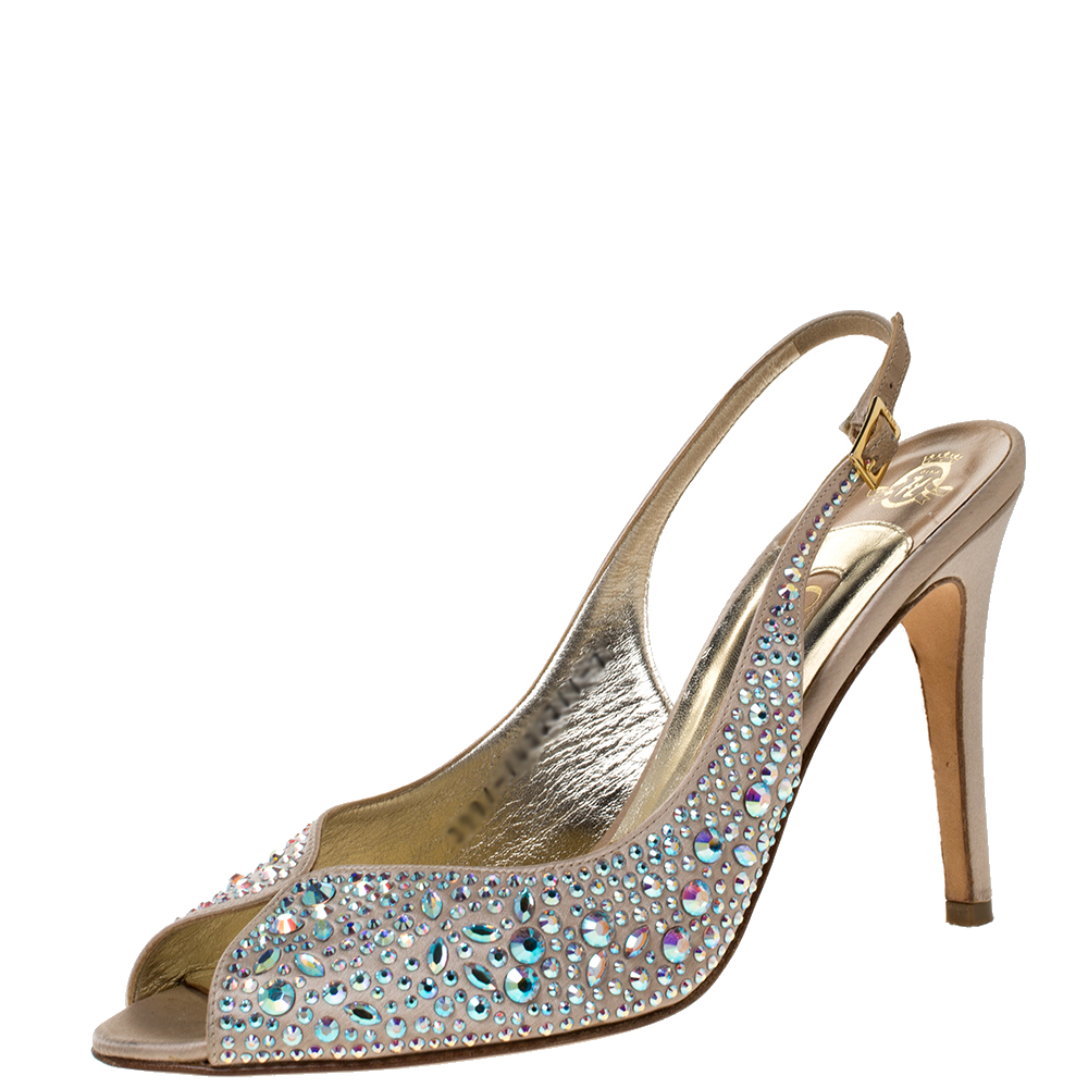 Image of Gina Beige Satin Crystal Embellished Slingback Sandals Size