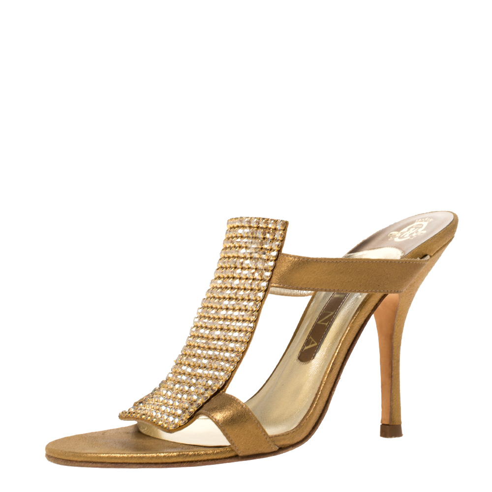 Image of Gina Gold Leather Crystal Embellished Slip On Sandals Size .