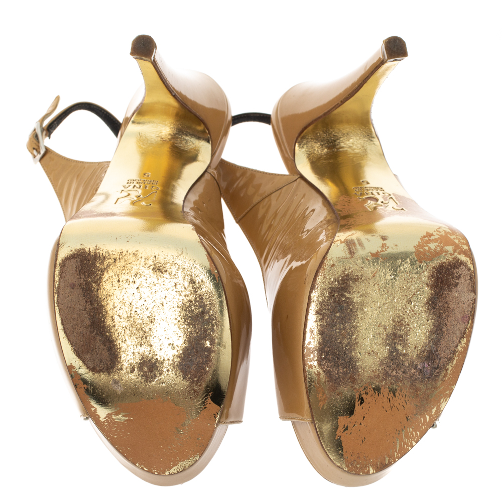 Gina Beige Patent Peep Toe Platform Slingback Sandals Size 38