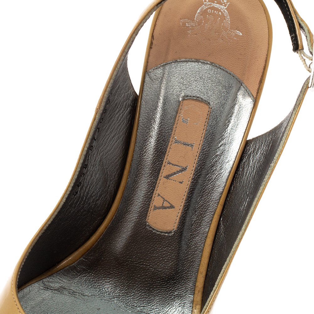 Gina Beige Patent Peep Toe Platform Slingback Sandals Size 38