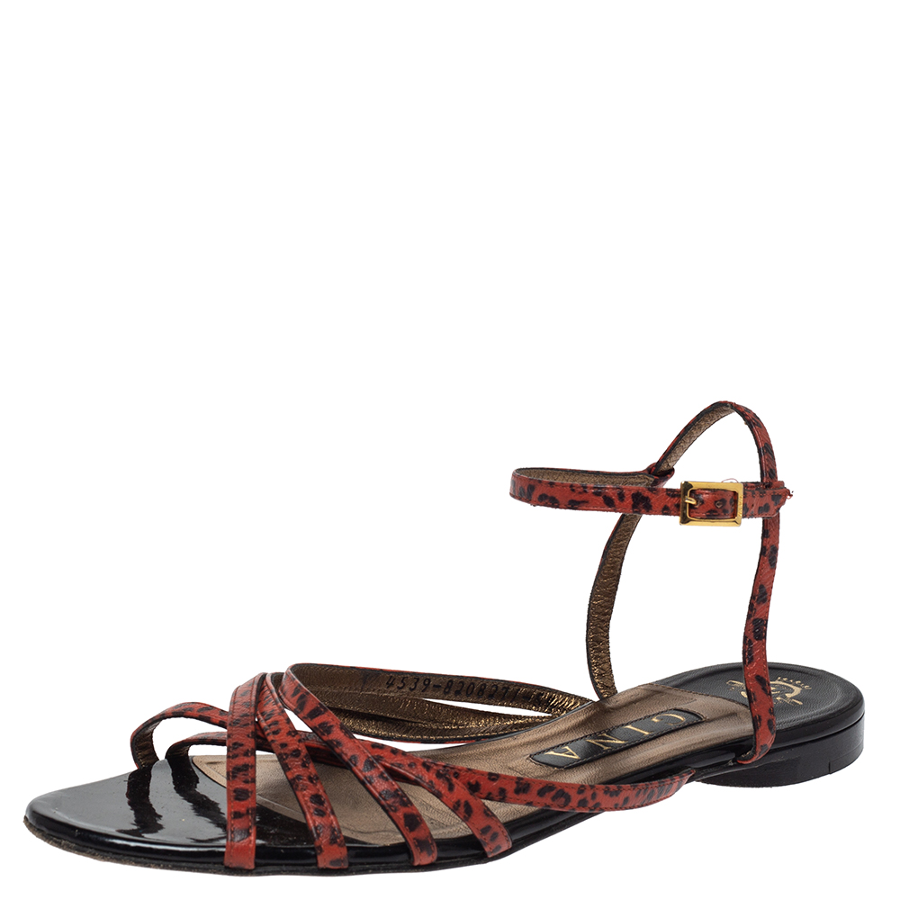 Image of Gina Orange/Black Animal Print Leather Strappy Flat Sandals Size .