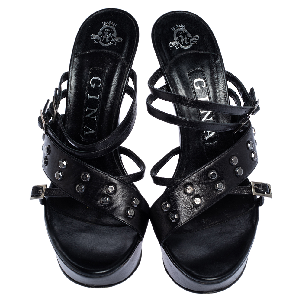 Gina Black Studded Leather Strappy Platform Sandals Size 38