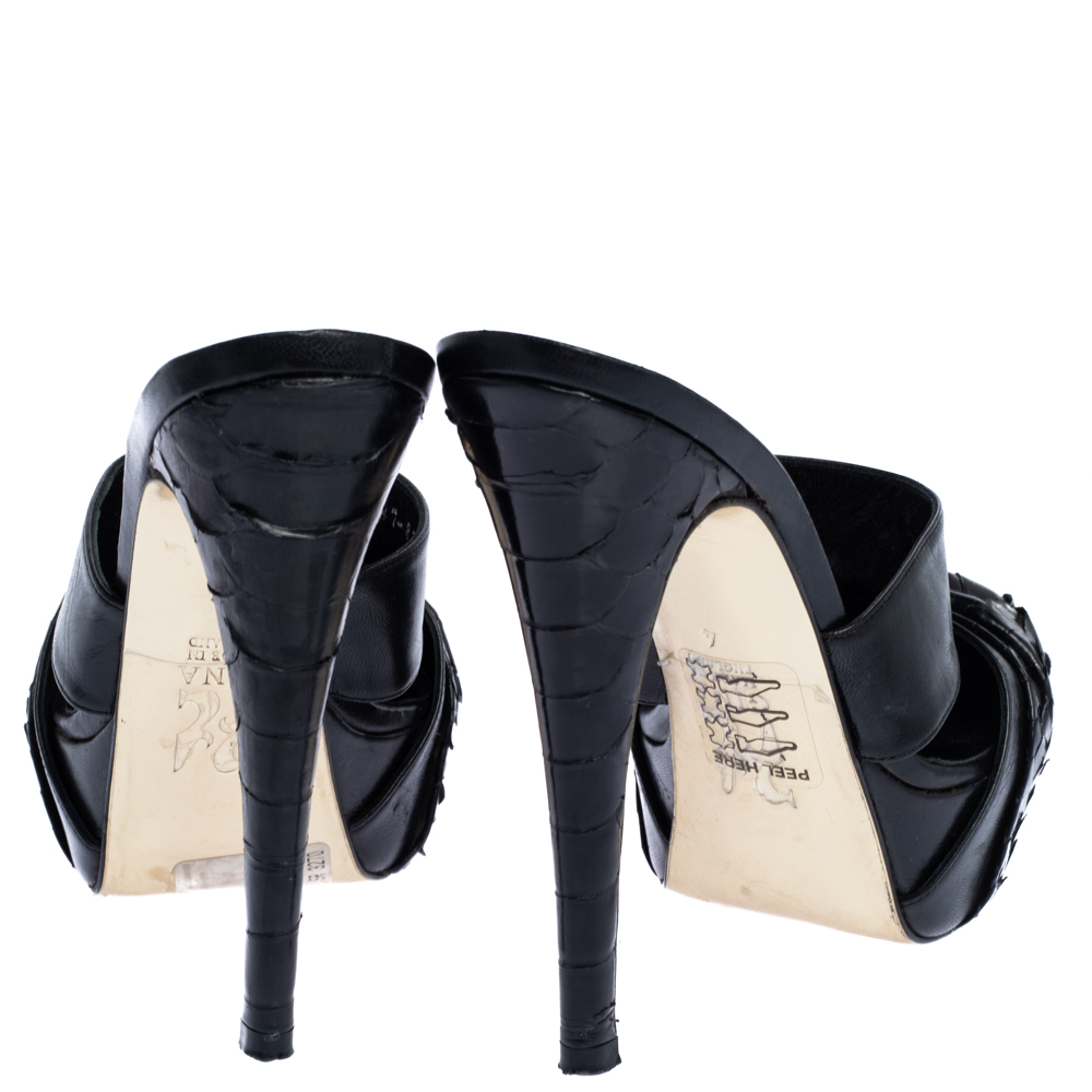 Gina Black Leather And Python Platform Close Toe Slide Sandals Size 35